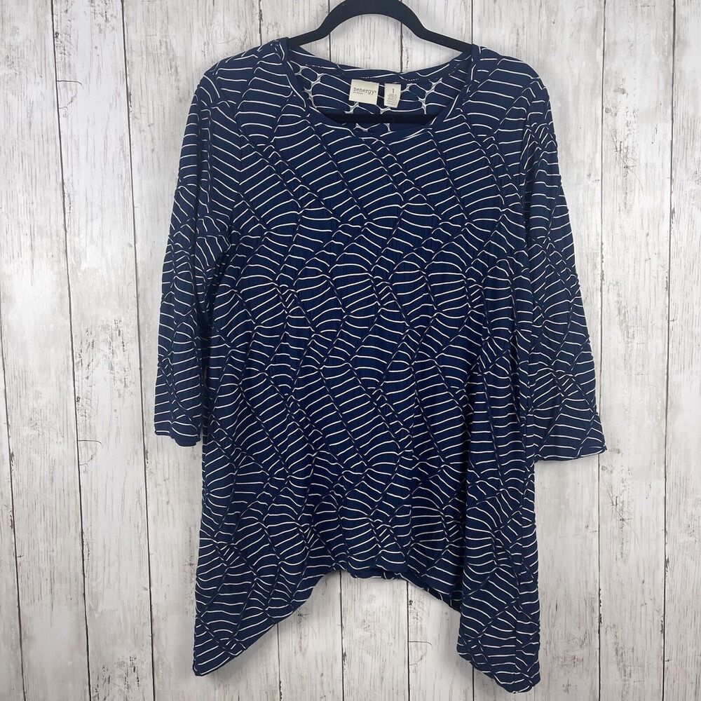 Chicos Zenergy Top Women 1 US Medium Blue Abstract Print Tunic Drapey Hem Casual